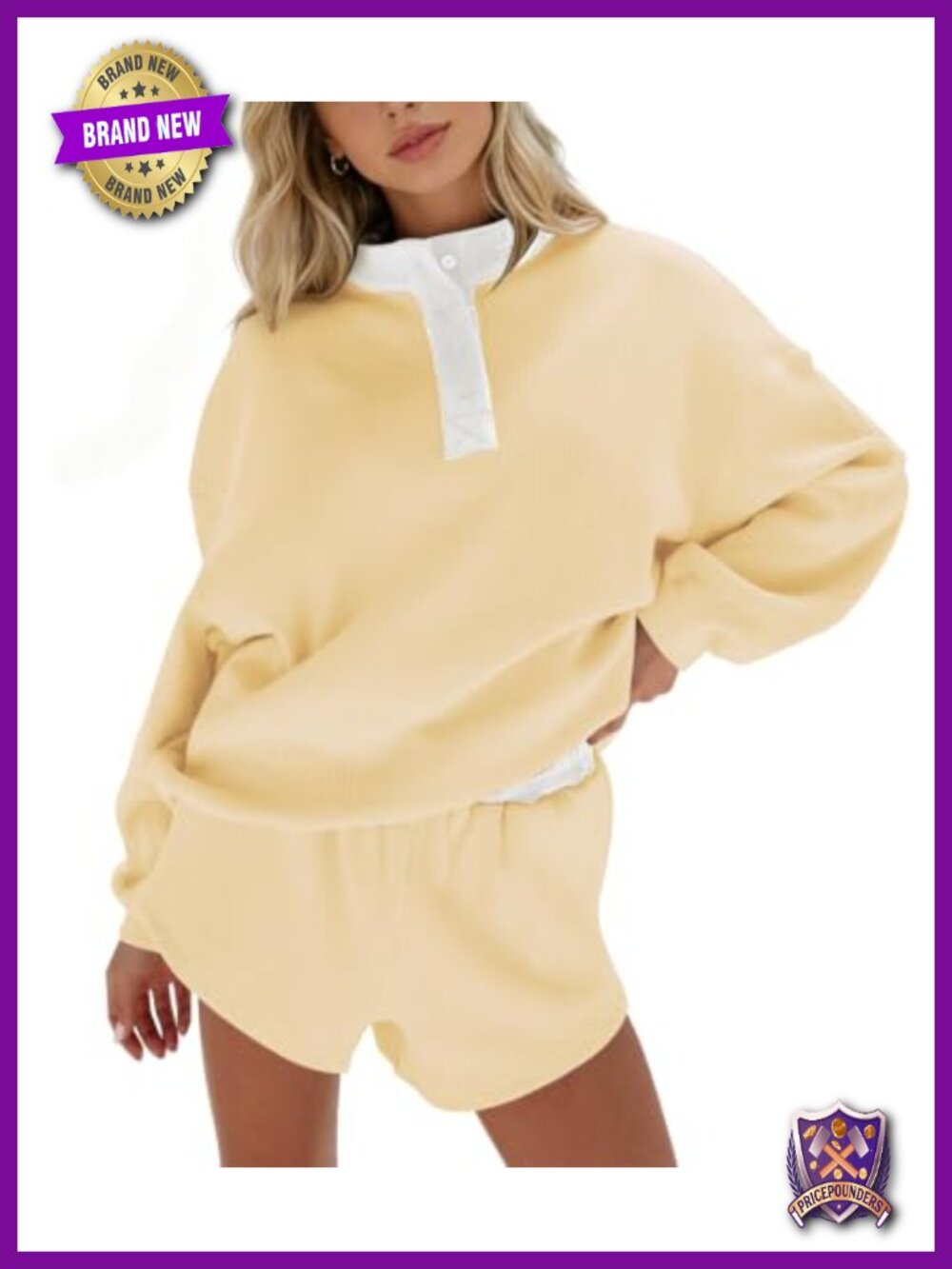 Waffle Knit Mock Neck Half Button Sweatshirt & Shorts 2 Piece Lounge Set
